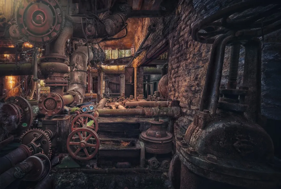 Complex steampunk machinery with brass gears and mechanical components