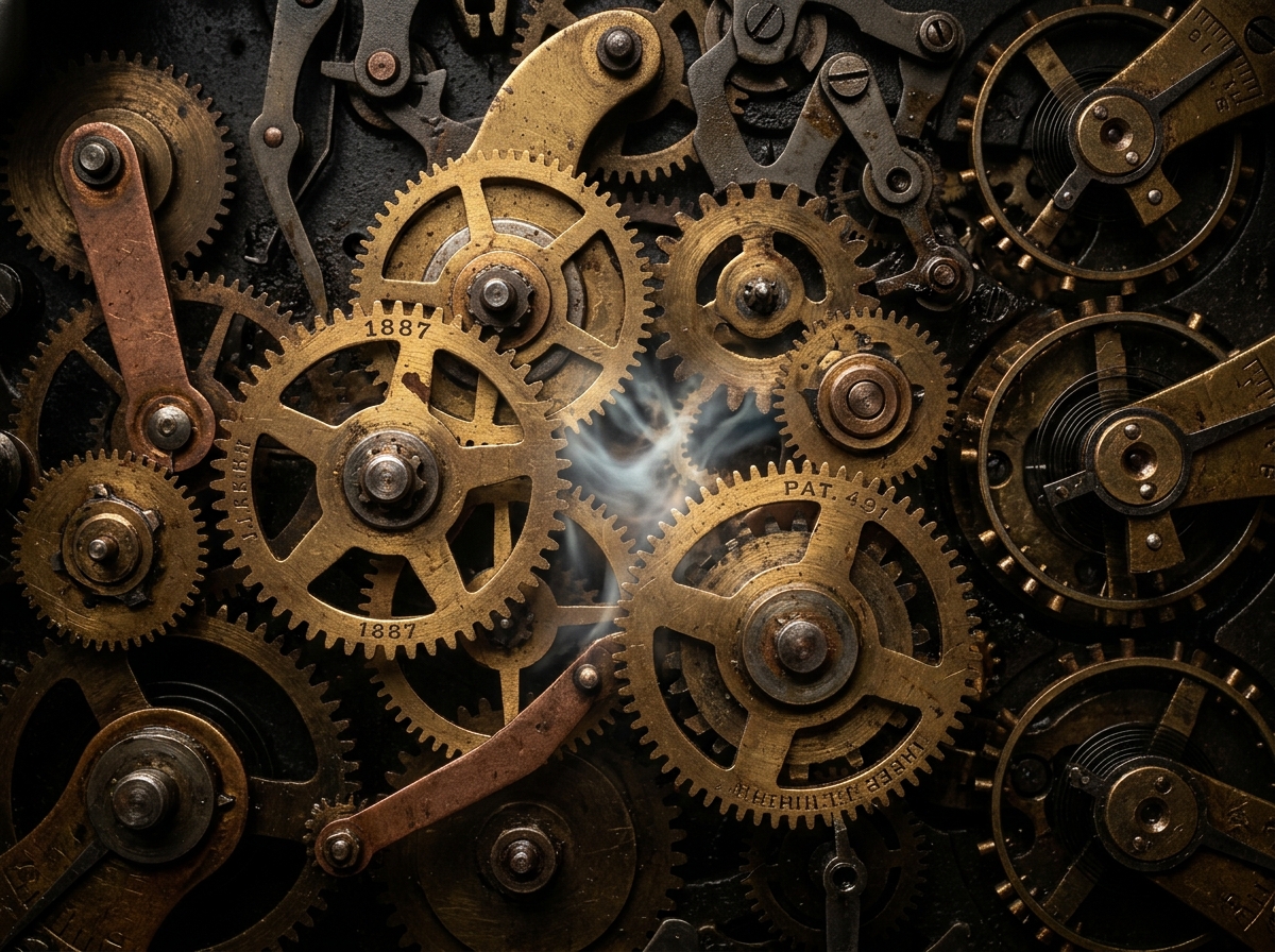 Intricate brass clockwork gears and mechanisms, copper and gold tones against dark background, mechanical precision, steam era aesthetic, interconnected gears of different sizes, some gears slightly worn, memory dissolving like mist between teeth of gears