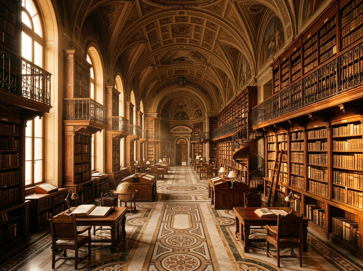 A grand classical memory palace interior, tall mahogany bookshelves reaching to vaulted ceilings, golden afternoon light streaming through arched windows, dust motes in the light, leather-bound books, marble floor with geometric patterns, warm amber tones