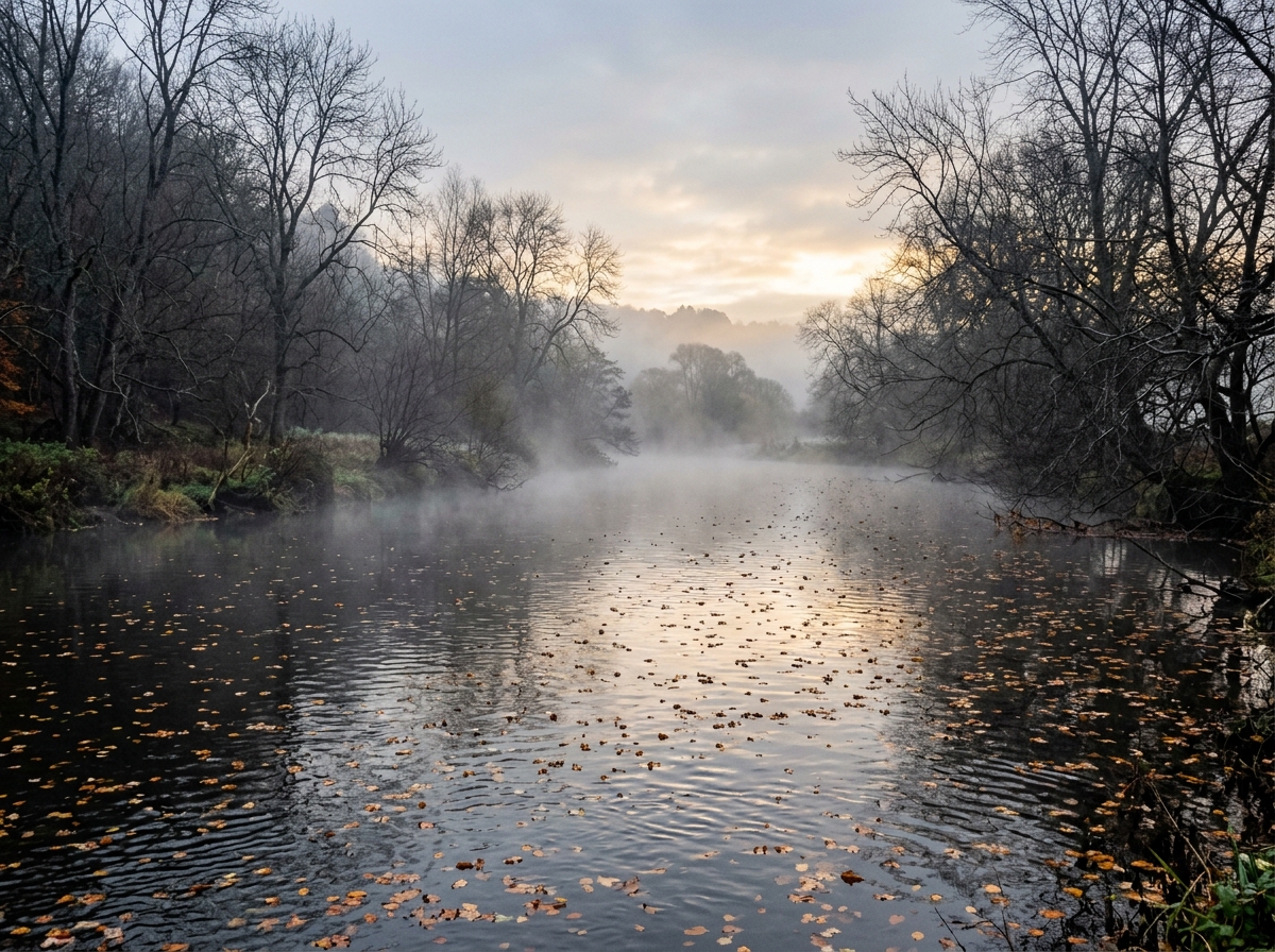 A slow river at dawn with morning mist rising, bare trees silhouetted on the bank, autumn leaves drifting downstream, soft grey-blue light with hints of gold, contemplative and serene