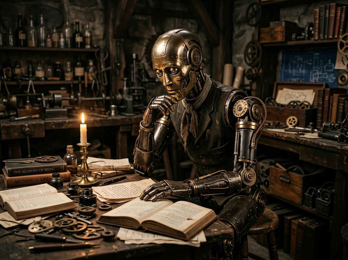 A Victorian steampunk automaton sitting alone in a dim workshop, brass and iron mechanical figure with clockwork joints, a single candle casting warm light on its polished metal face, books and papers scattered around, in quiet contemplation, melancholic warm atmosphere
