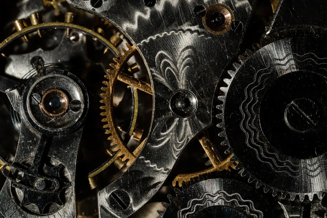 Close-up of intricate steampunk clock mechanism with brass gears