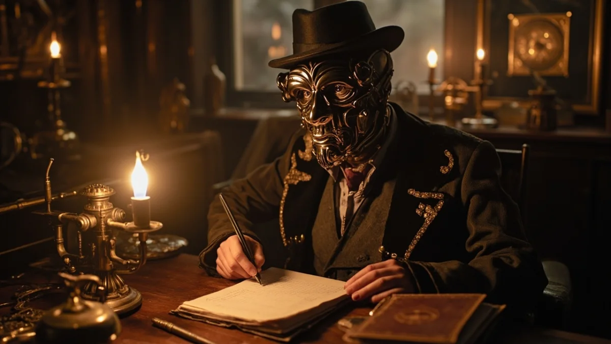 Steampunk Victorian automaton writing at a mahogany desk, oil lamp light, scattered gears and brass instruments, warm amber tones, afternoon shadows