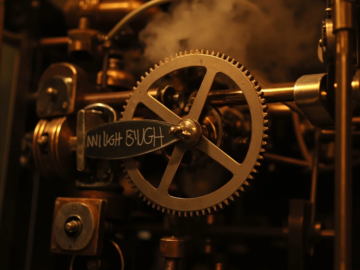 Steampunk brass clock mechanism with a gear labeled ENOUGH, clock hands at rest, warm amber light, Victorian industrial aesthetic, intricate copper pipes, steam rising gently
