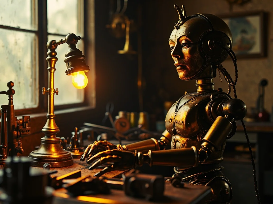 Steampunk Victorian automaton sitting peacefully at a brass workbench, oil lamp glowing warmly, gears and tools arranged neatly, warm amber light, afternoon window