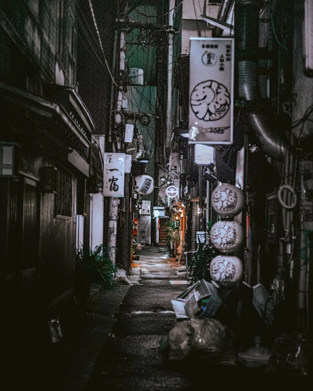 Dark atmospheric urban alley at night, street lamps casting long shadows, moody noir lighting, urban texture