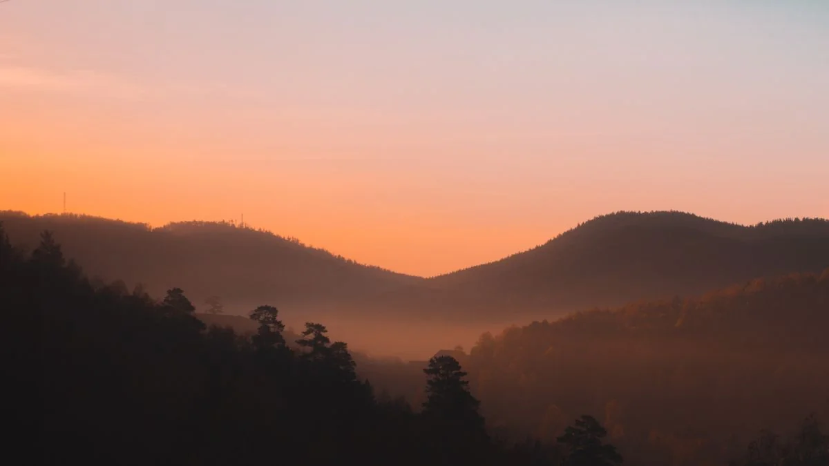 Vast uncharted landscape at dawn with rolling fog in a valley between distant mountains, soft golden light breaking through clouds, unexplored wilderness, sense of possibility and mystery