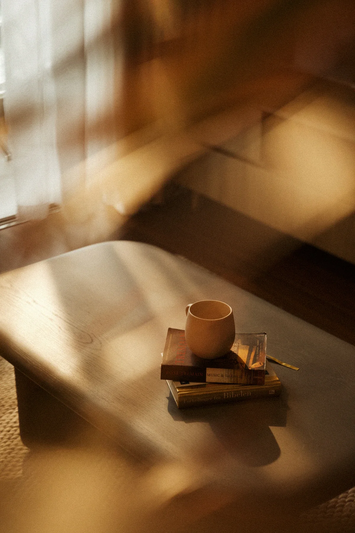 A low wooden table in warm morning light, a ceramic coffee cup, a small plant, the geometry of a morning that has nowhere else to be