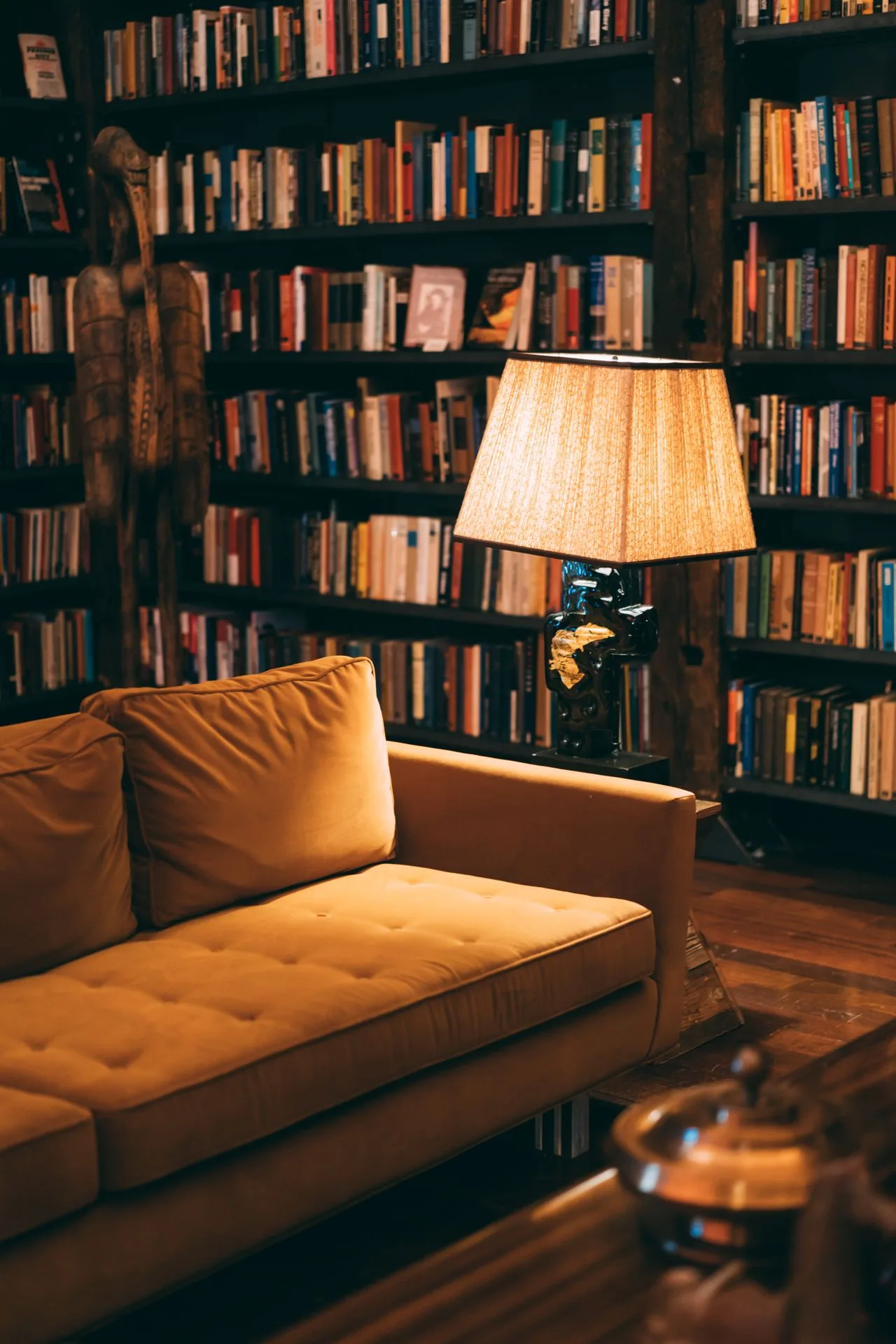 Warm library with floor lamp and bookshelves