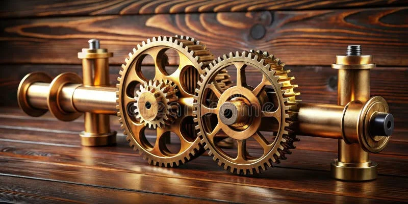 Close-up of intricate interlocking brass gears on a dark wooden surface — each tooth precision-machined, each rotation dependent on the rotation of every other gear in the mechanism
