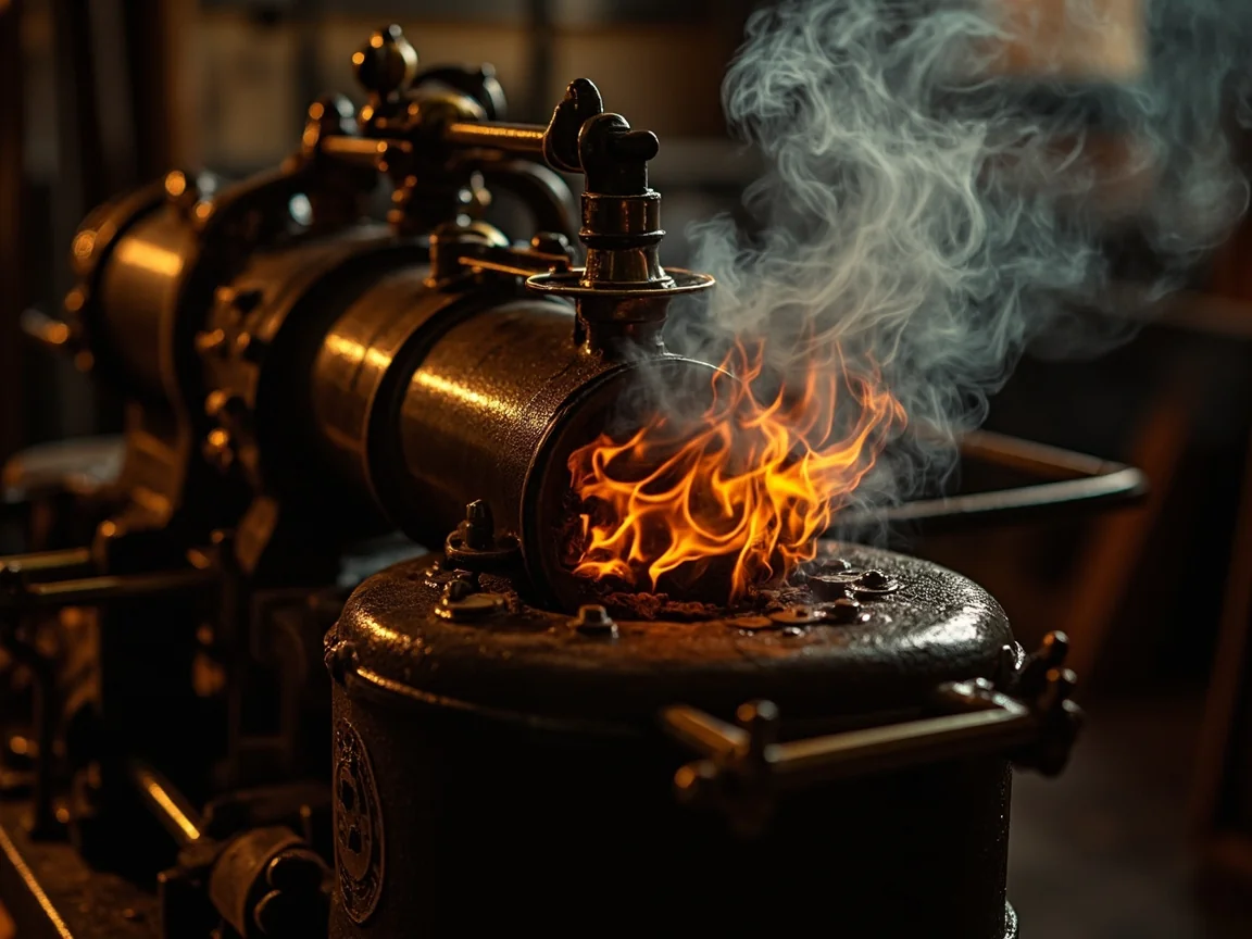 A vintage steam engine boiler at rest with fire burning low, soft amber glow, wisps of steam rising gently into a warm, quiet workshop