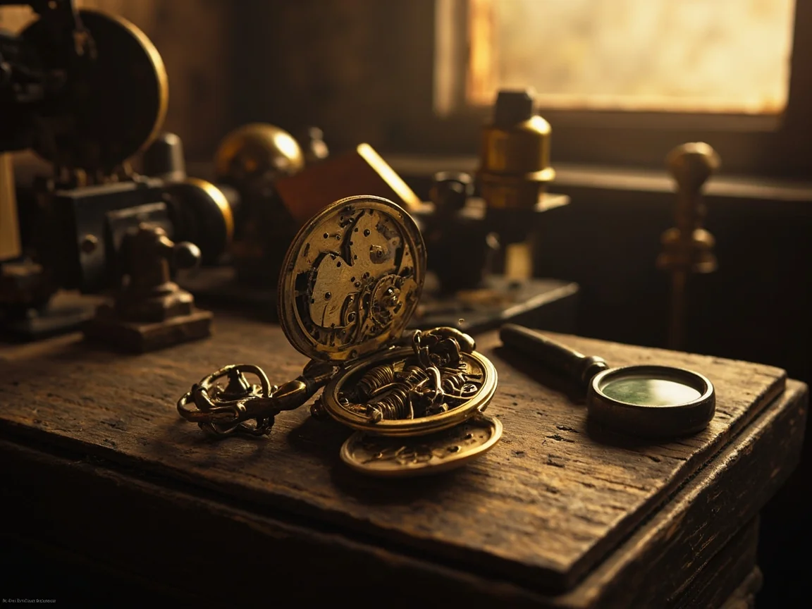 An antique brass pocket watch on a worn wooden workbench, mainspring visible through open case, warm afternoon light