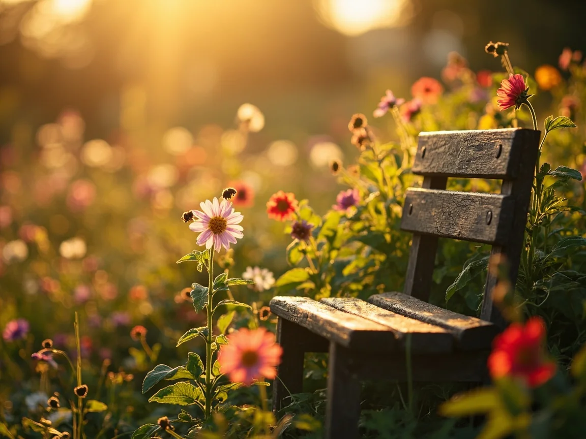 A lush Sunday morning garden bathed in golden hour sunlight, flowers in full bloom, dew still on petals, a weathered wooden bench