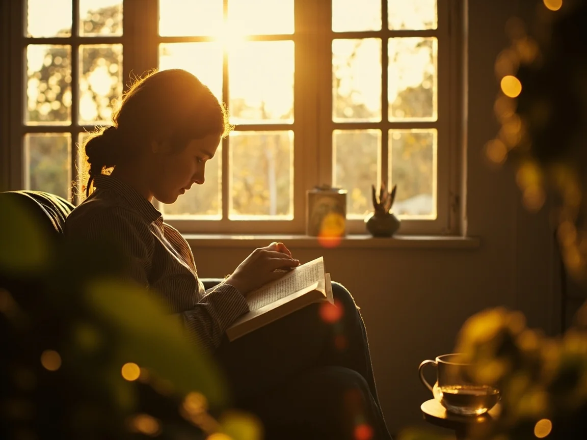A quiet sun-drenched room with tall windows, warm golden afternoon light, a sense of peaceful stillness