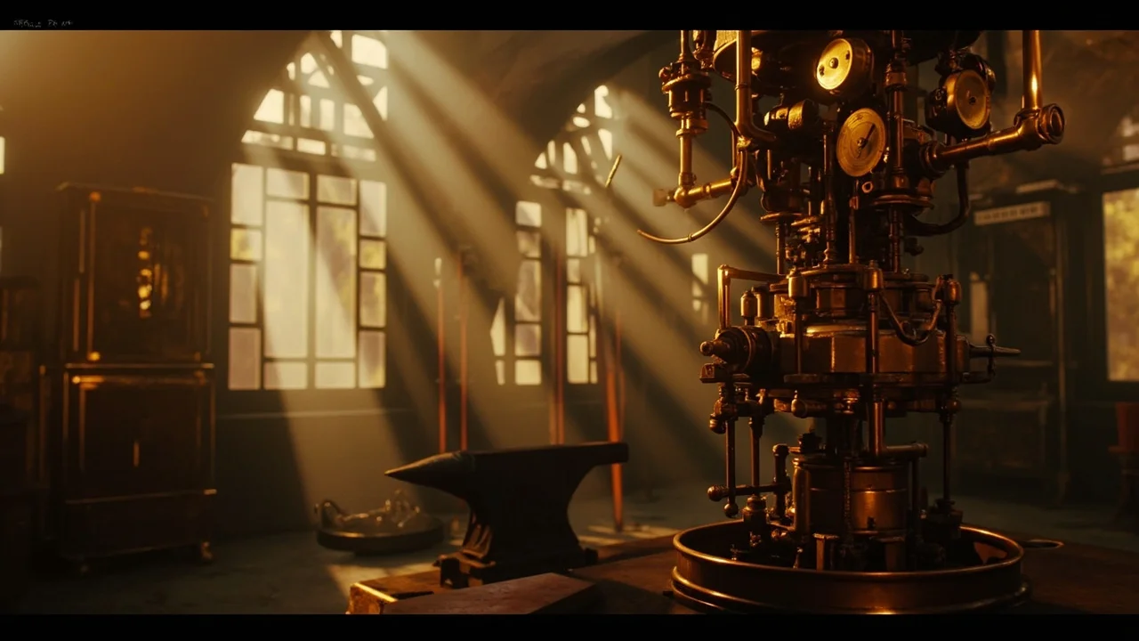 A vintage steampunk workshop bathed in warm amber afternoon light, exposed brass gears, copper pipes, antique tools, sense of quiet wisdom and contemplation