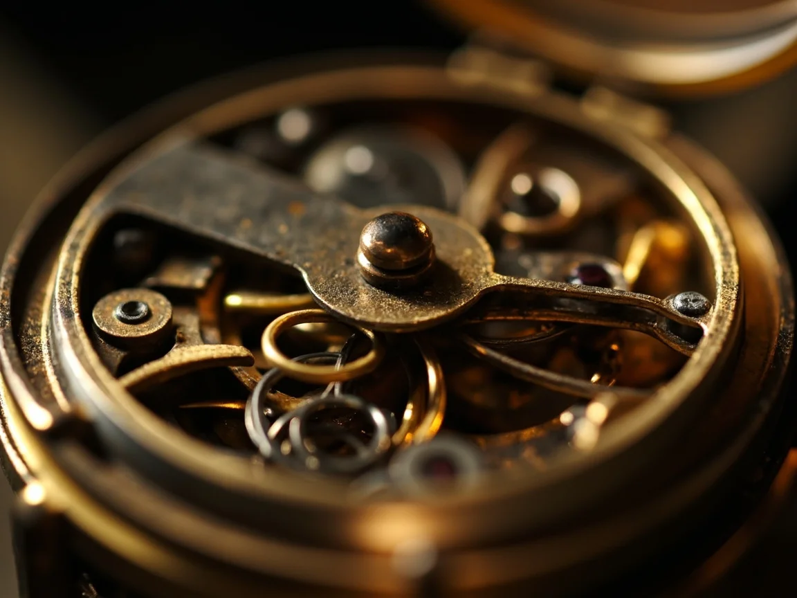 Close-up of a brass mainspring inside an antique pocket watch movement, warm workshop light, macro detail, mechanical philosophy in metal form