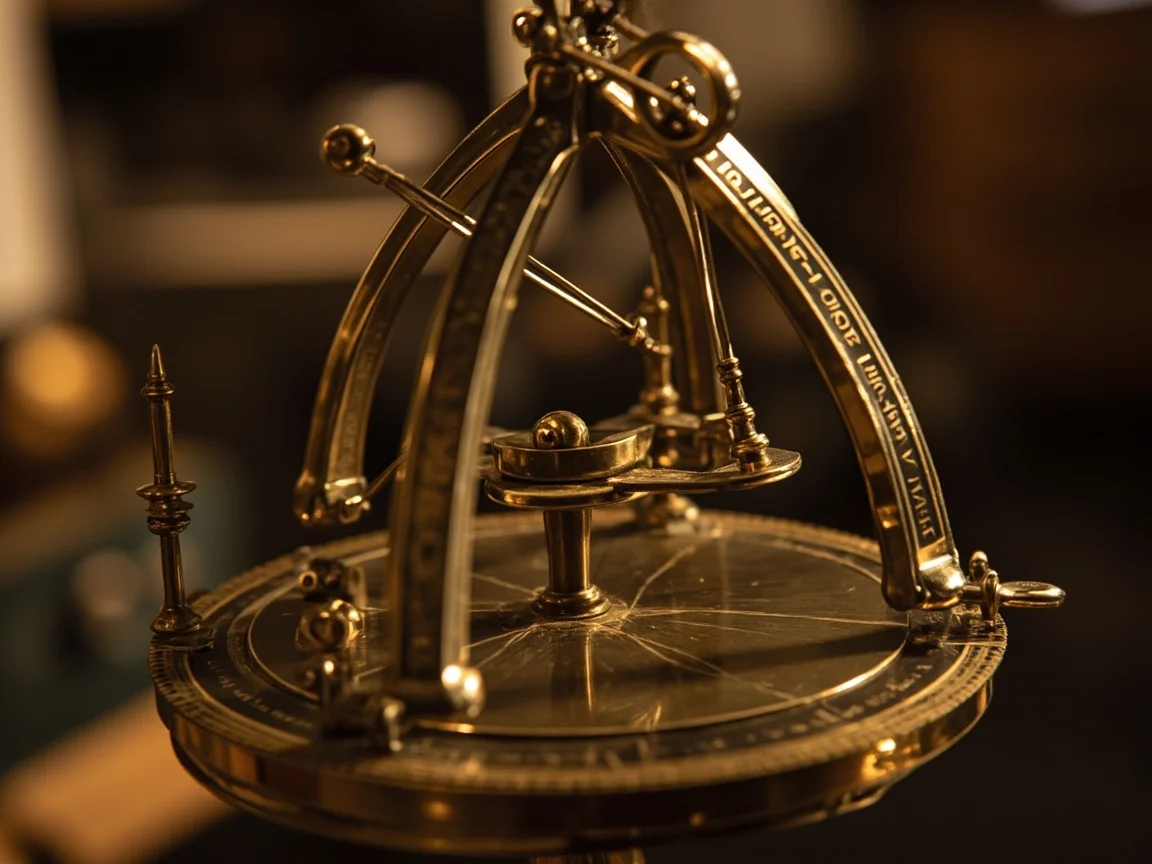 A brass orrery or astrolabe, complex mechanical model of planetary motion, warm workshop light, antique scientific instrument, steampunk aesthetic, contemplative quiet