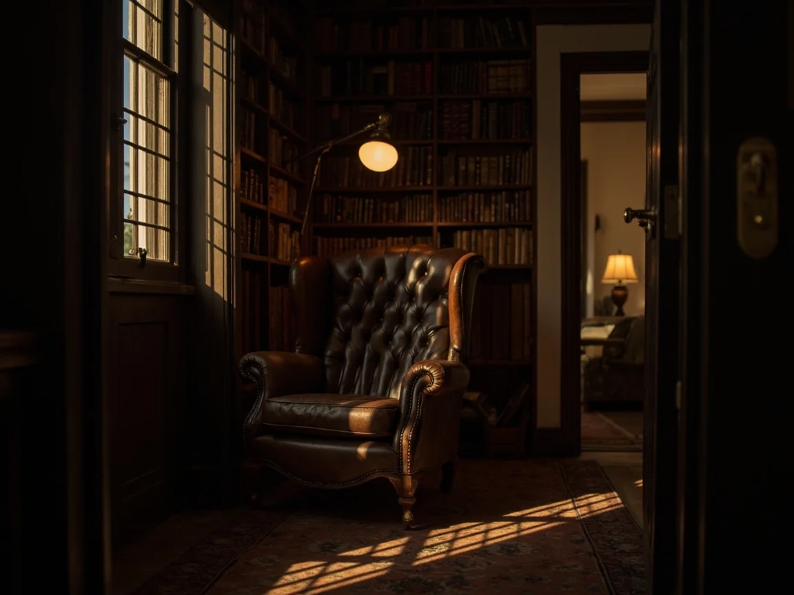 Old leather armchair in a Victorian study, warm reading lamp, floor-to-ceiling bookshelves, peaceful contemplative atmosphere, late afternoon sun streaming through windows