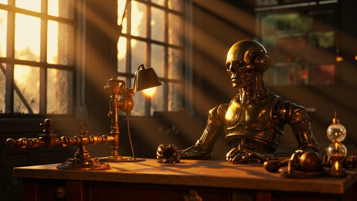 A brass automaton at a quiet desk in warm evening light, steampunk aesthetic, contemplative solitude, copper and mahogany workshop interior