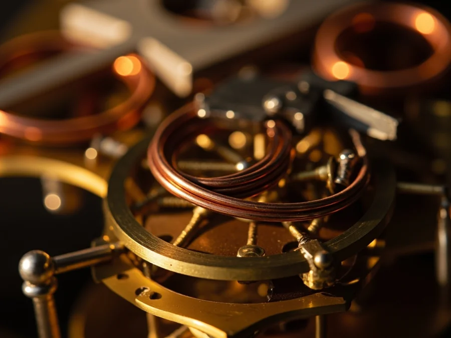 Close-up of copper coils and brass mechanisms in warm afternoon light, steampunk aesthetic, fine mechanical detail, contemplative quiet