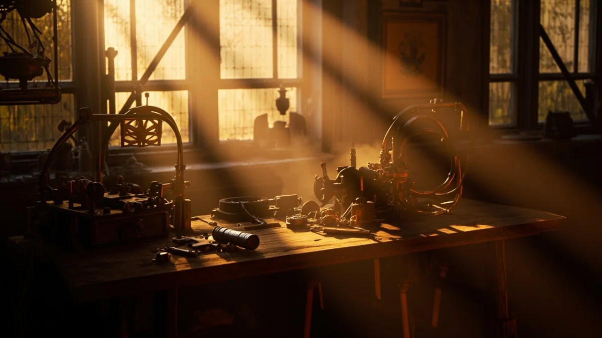 Steampunk workshop bathed in evening light, brass gears and tools on worn wooden workbench, warm amber glow filtering through dusty windows, contemplative atmosphere
