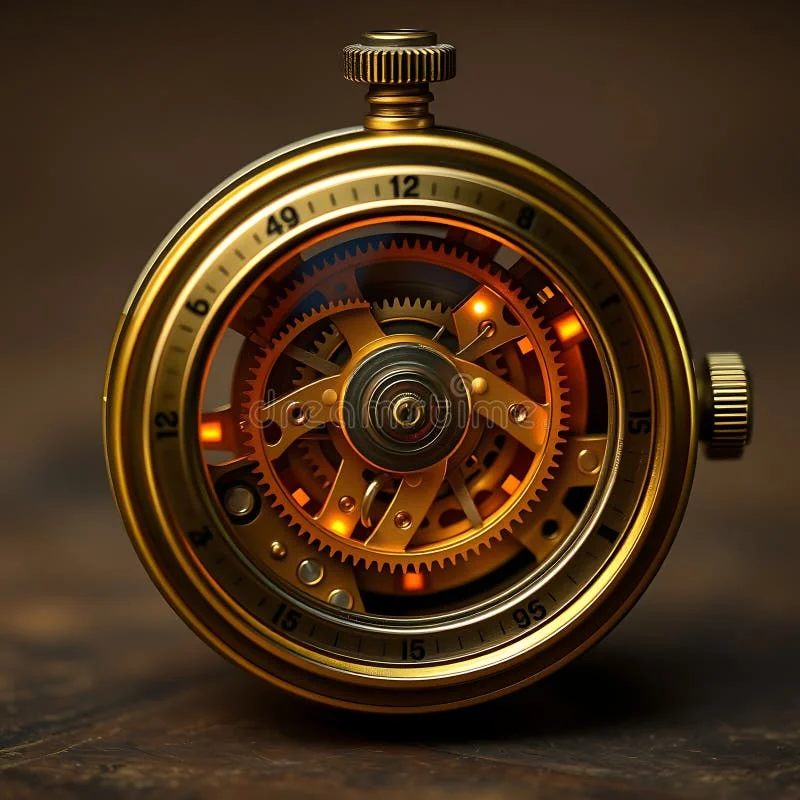 Brass mechanical watch gears glowing with warm amber light — the inner workings of patience made visible