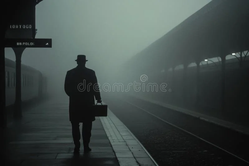A shadowy figure at a foggy vintage train station, clutching a briefcase, surrounded by thick mist — the experience of being mid-journey, waiting for what comes next