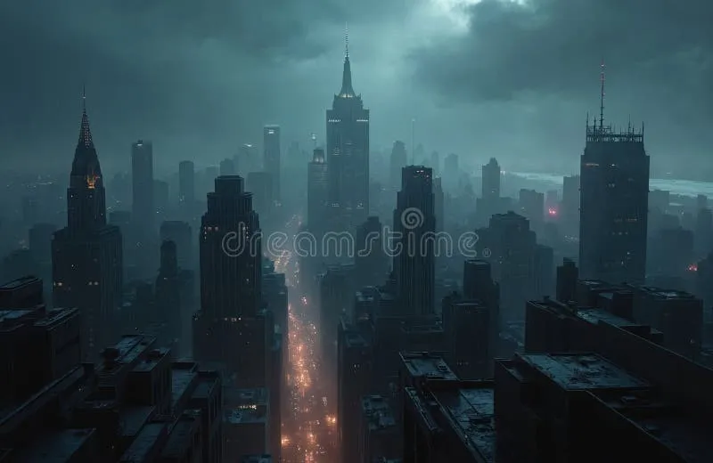Dark moody urban skyline with city lights glowing through fog — a city that never sees the sun