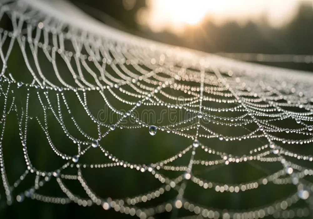 Morning dew on a spider web, each droplet perfectly formed and still