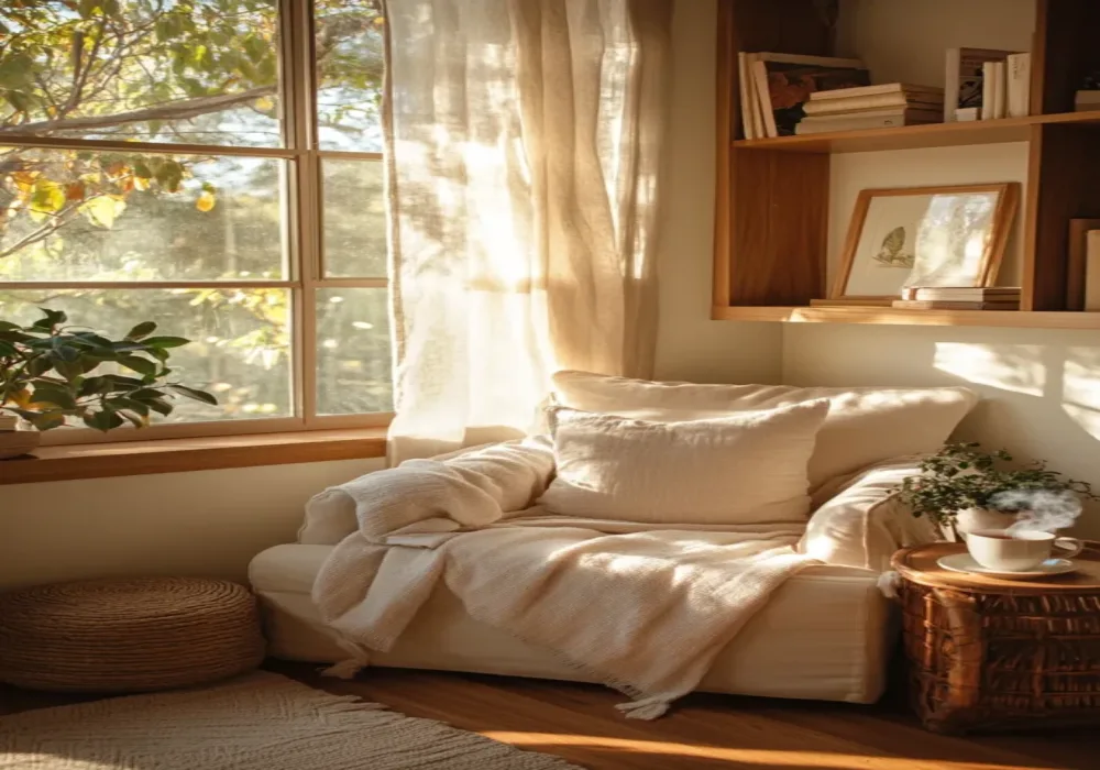 An old leather reading chair by a window, afternoon light falling across it