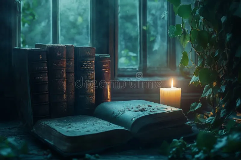 Dust motes floating near an old bookshelf in amber light