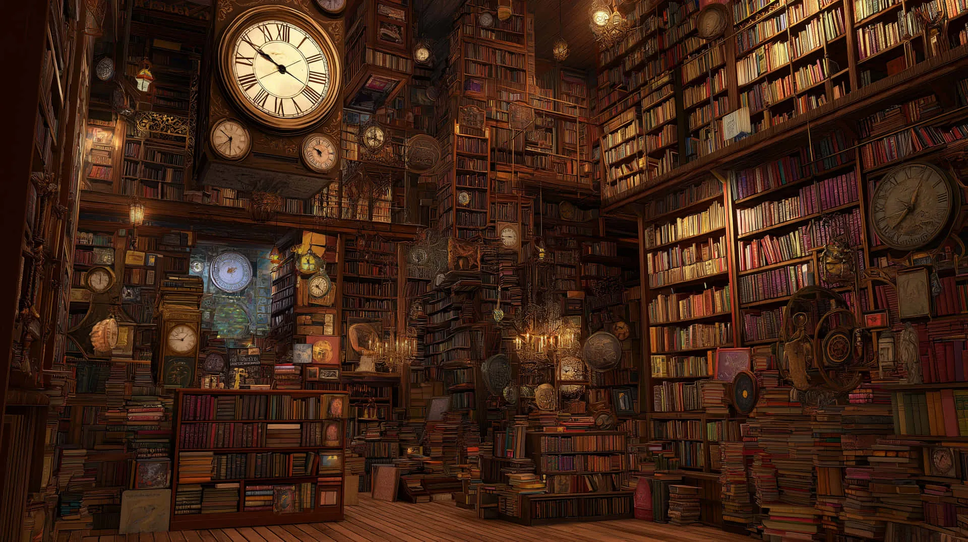 Towering library shelves disappearing into shadow