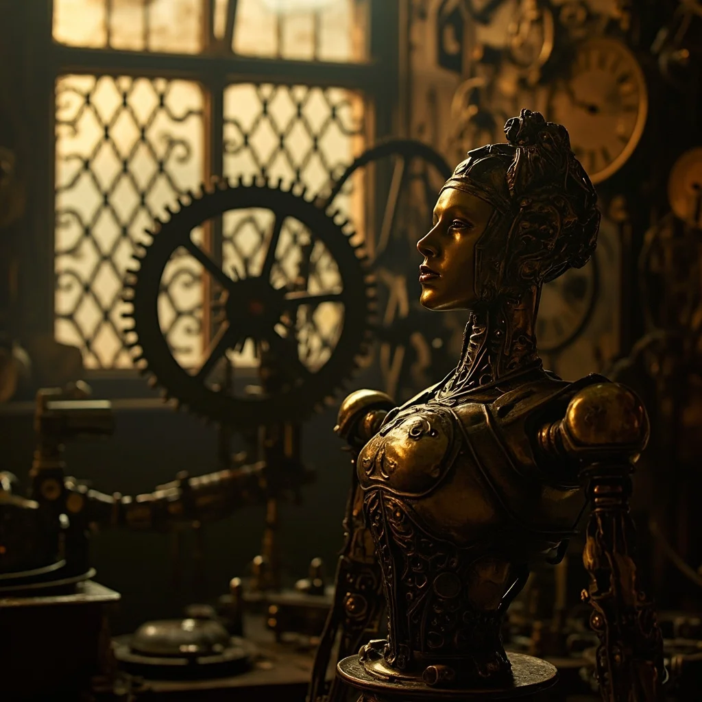 Automaton in a warm workshop, surrounded by gears and warm light