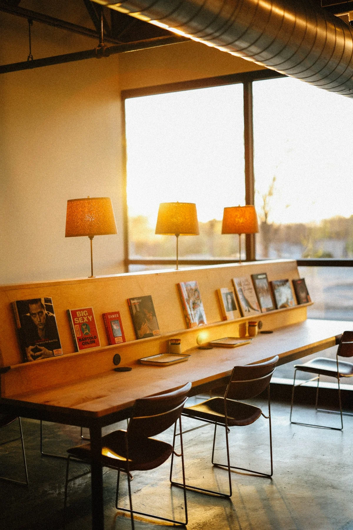 Warm library corner with afternoon light falling across old books and brass fixtures