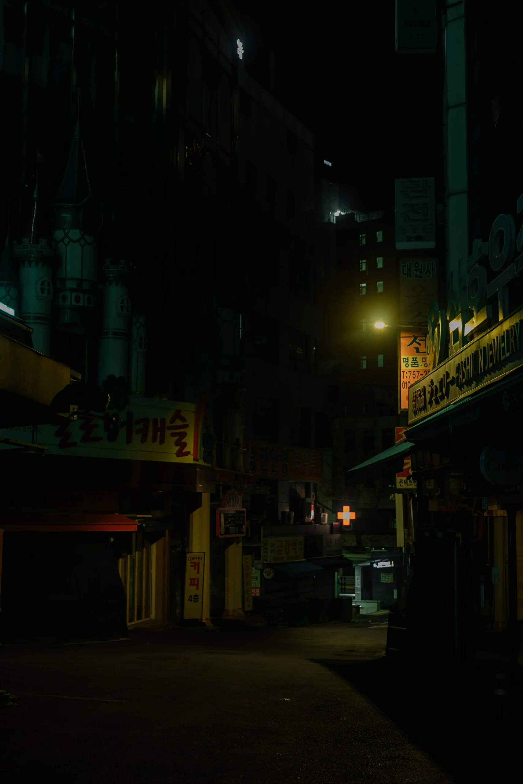Dark empty alley at night illuminated by neon lights, a single streetlamp casting dramatic shadows
