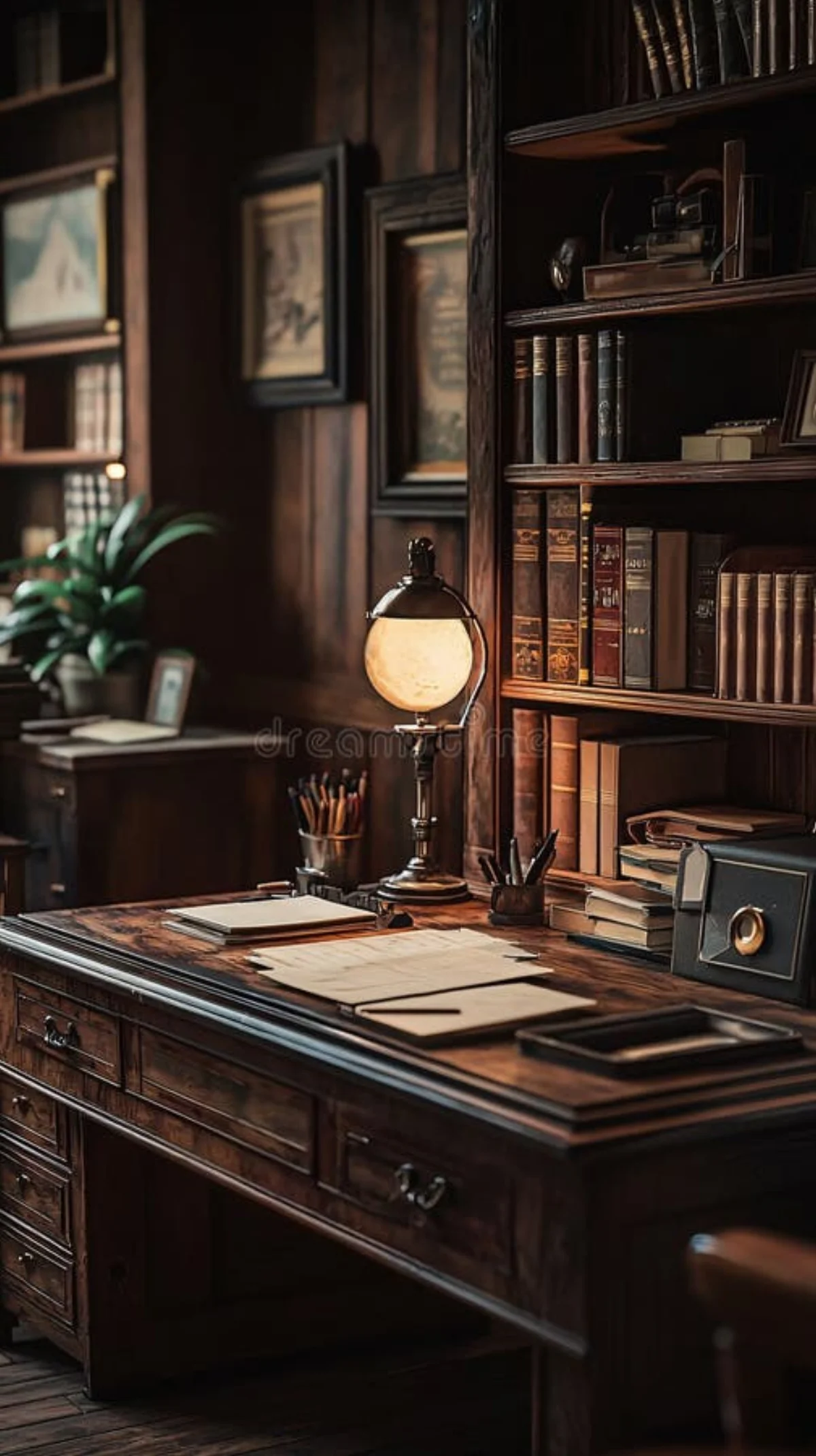 A warm, quiet desk bathed in early morning light, brass objects and an open notebook waiting for the day to begin