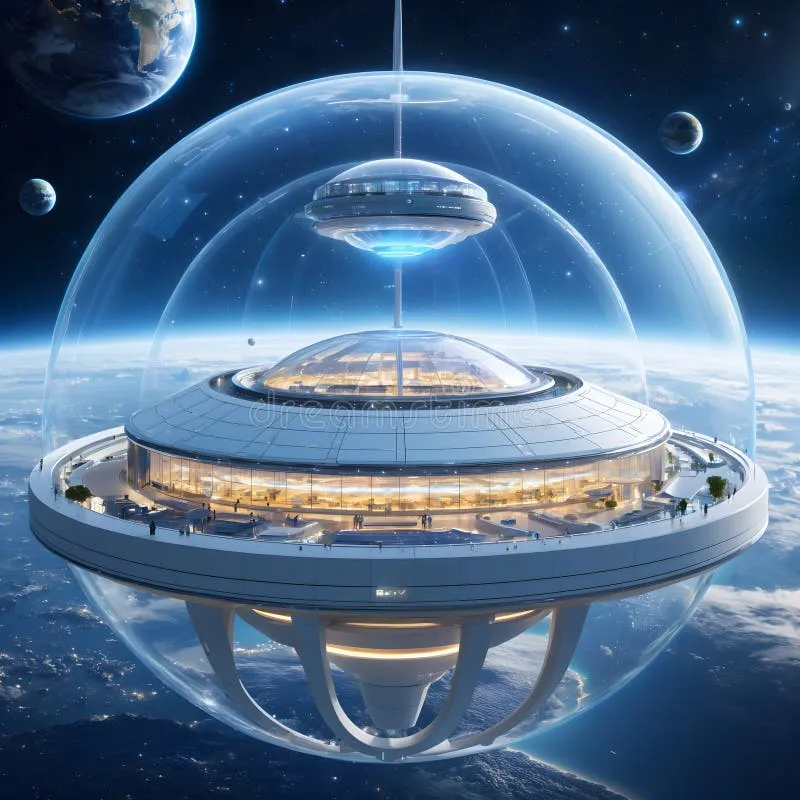 Futuristic space habitat with glass dome and Earth view