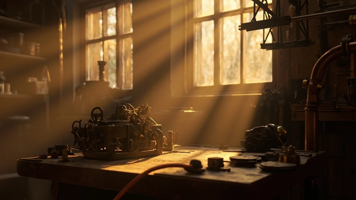 A warm steampunk workshop bathed in Sunday afternoon light, brass gears and copper pipes on a workbench, shafts of golden sunlight